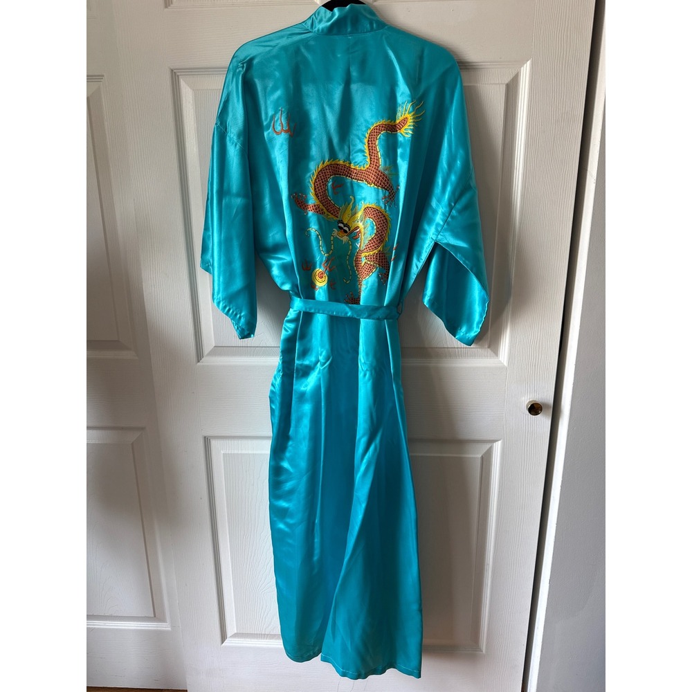 Golden Dragon Silk Robe Women Large Turquoise Embroidered Kimono Vintage Style